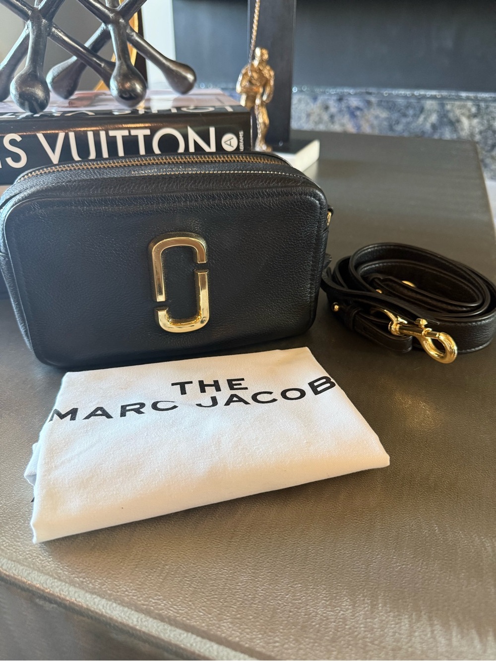 Marc Jacobs Black Pebbled Leather Softshot Camera Crossbody with Gold Hardware